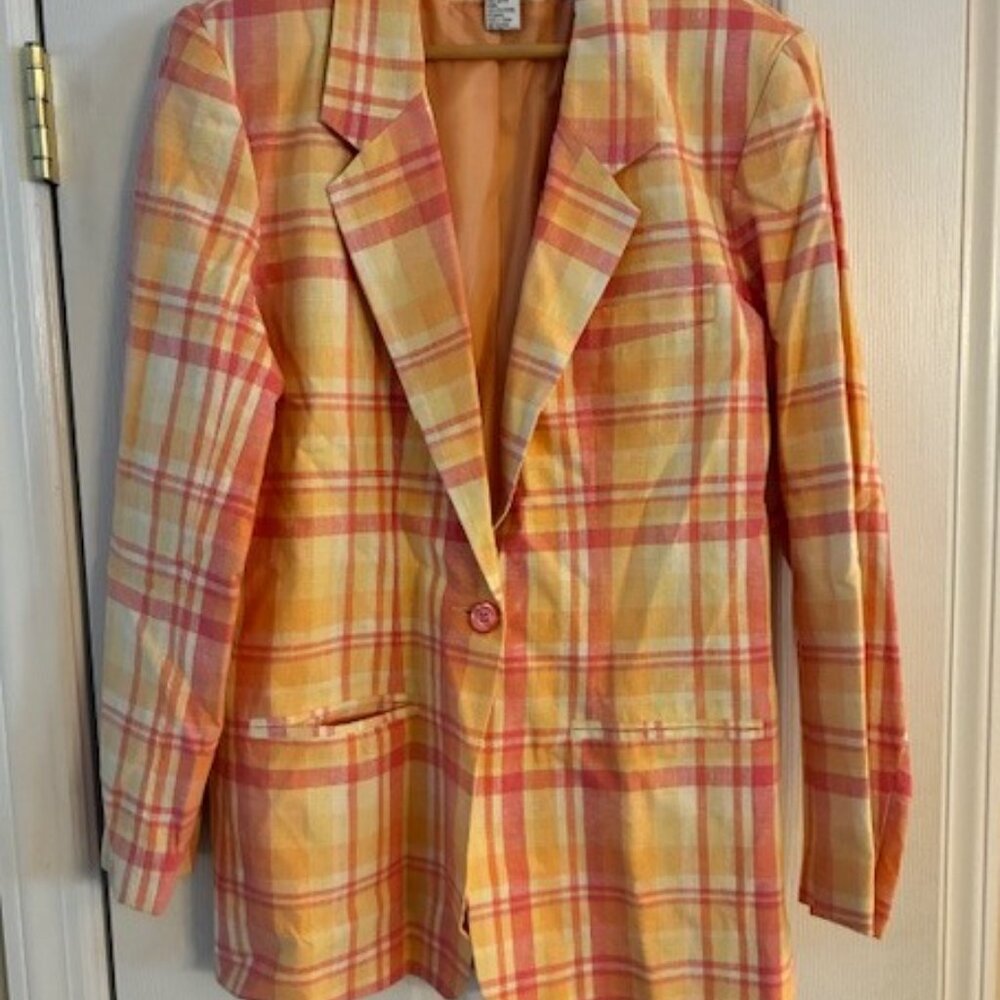 Adolfo Studios Women's Peach Yellow Plaid Cotton Linen Lined Blazer Size 14